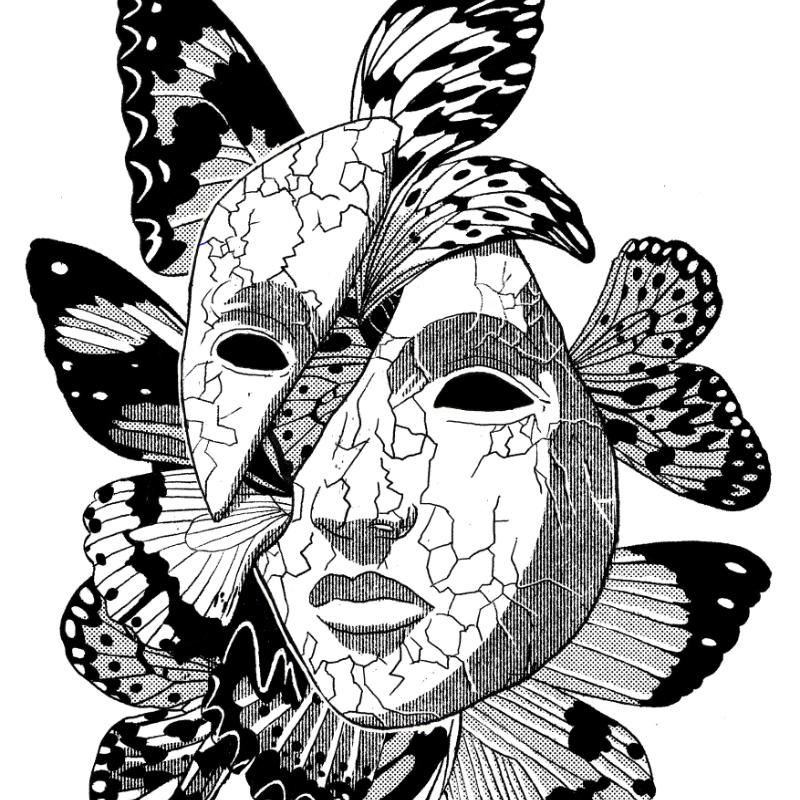 Black-and-white fractured mask surrounded by patterned wings