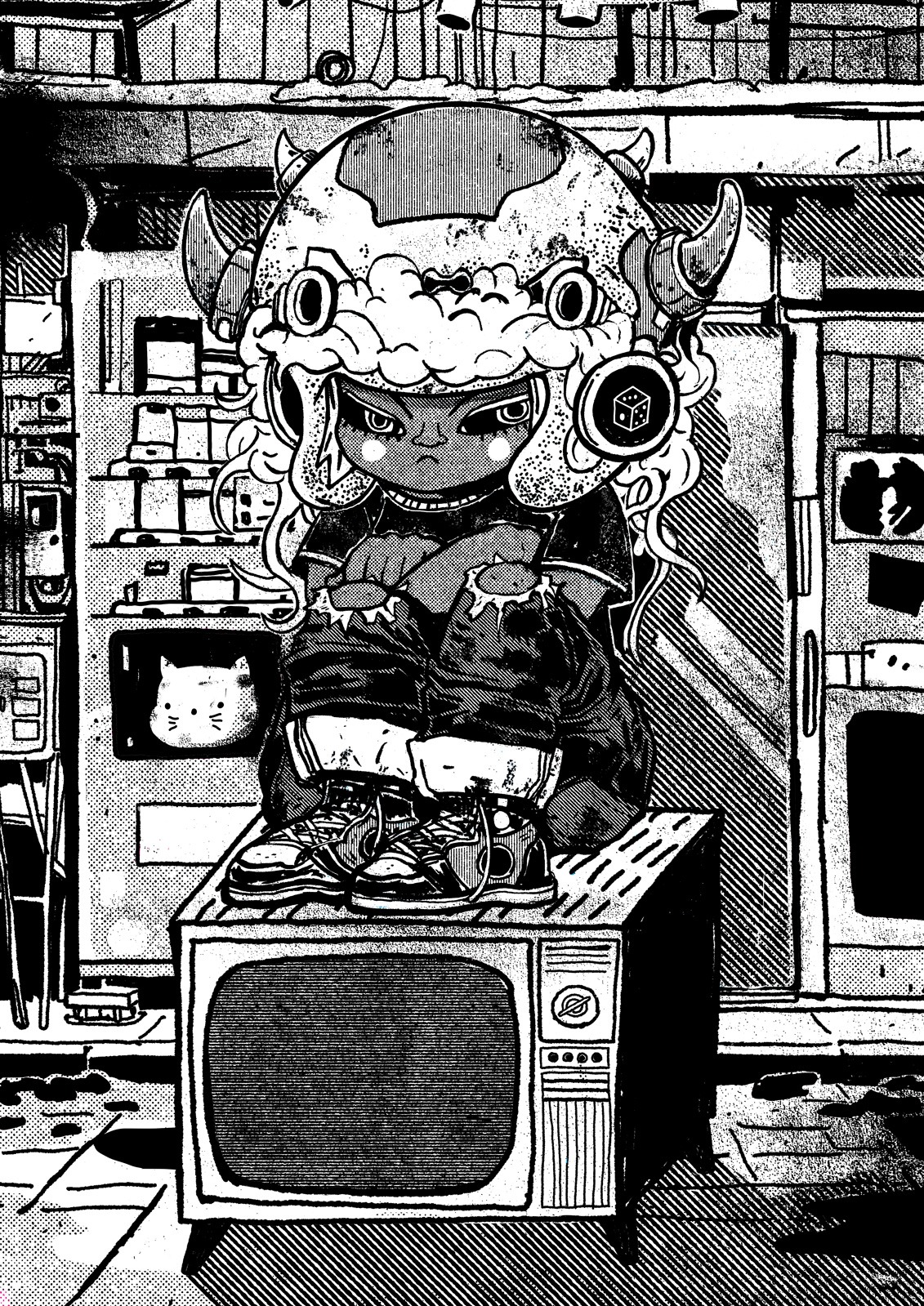 Naïve black-and-white drawing of a helmeted character sitting on a television in a dense city