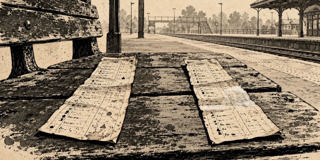 Ink illustration of two folded timetable strips lying apart on a weathered bench beside an empty railway platform.