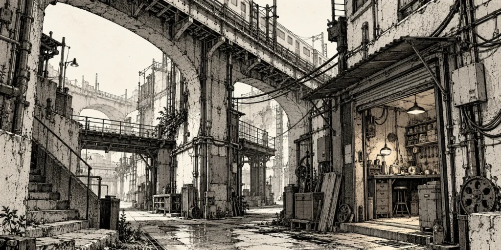 Ink illustration of a railway viaduct above a narrow passage and an illuminated repair workshop.