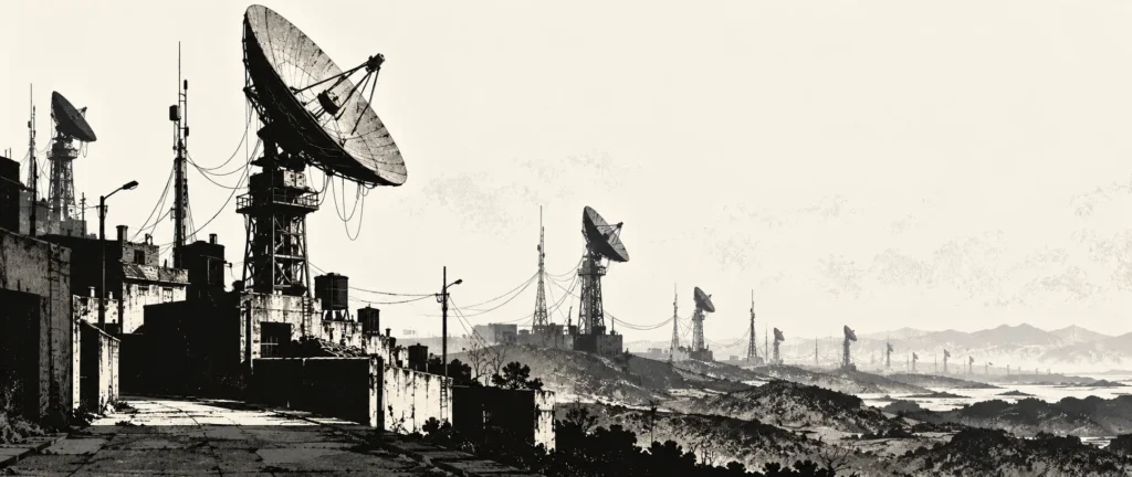 Ink illustration of listening dishes and antenna towers receding beyond an industrial street.